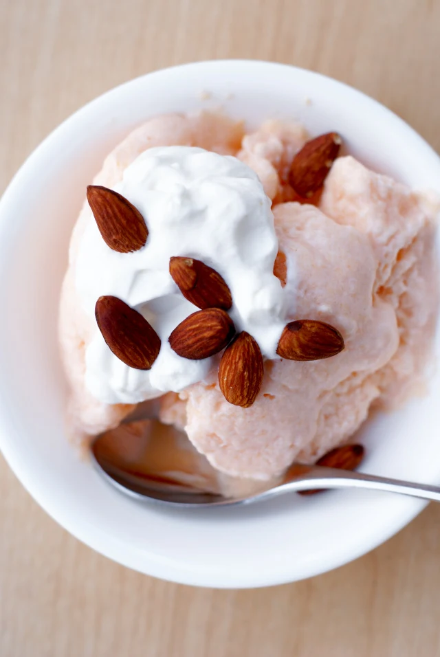 Cantaloupe, White Wine, and Ricotta Ice with Roasted Almonds | thetwobiteclub.com