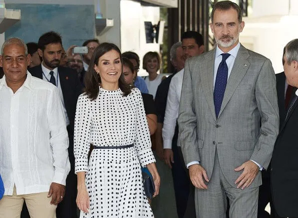 Queen Letizia wore a print dress by Massimo Dutti. Massimo Dutti print dress. Hugo Boss fanila clutch, Carolina Herrera shoes