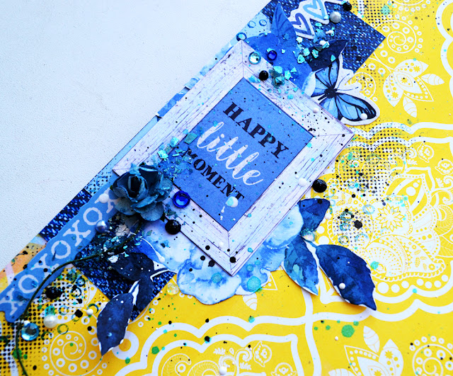 Scraps of Darkness scrapbook kits: Blue & Yellow mixed media layout w/our April 2017 kit, by Tatiana Yemelyanenko