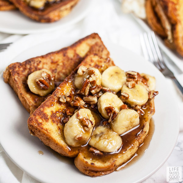 Bananas Foster French Toast on a white plate ready to eat