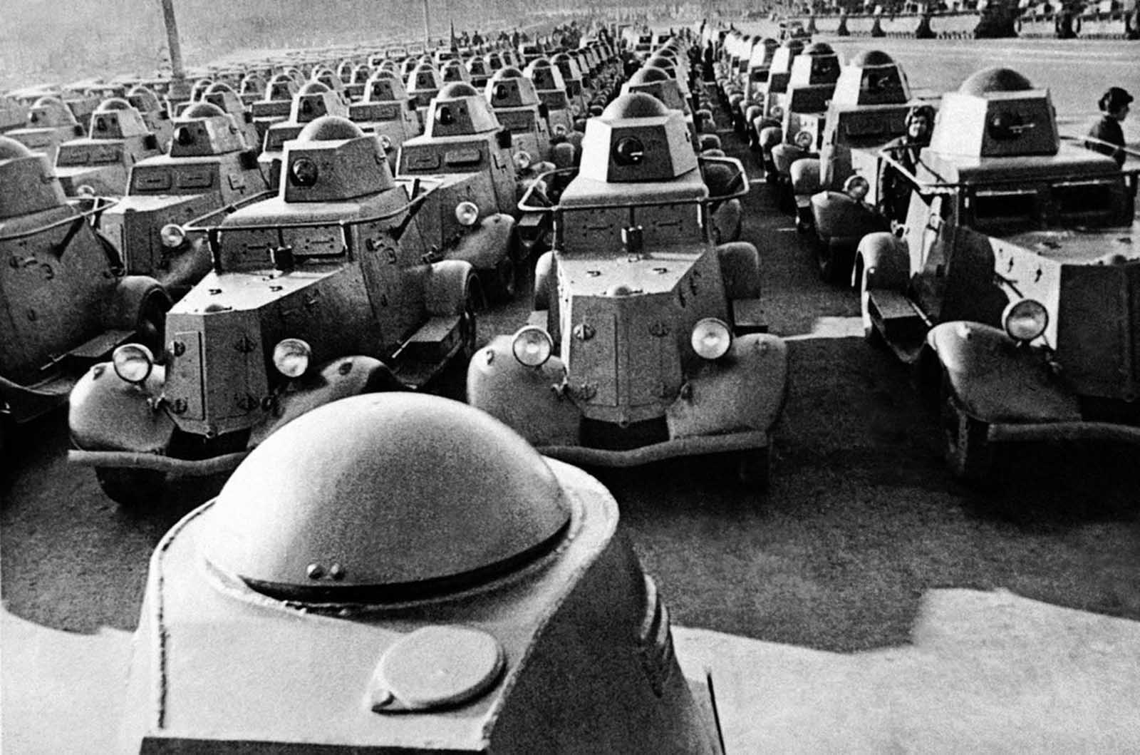 A flood of Russian armored cars move toward the front, on October 19, 1941.