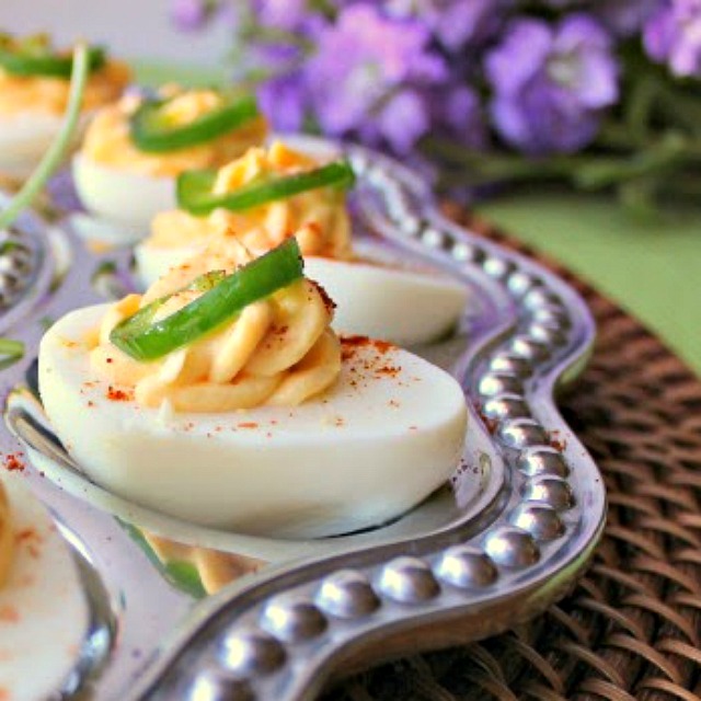 Sriracha Deviled Eggs with Candied Jalapeno Peppers Renee's Kitchen