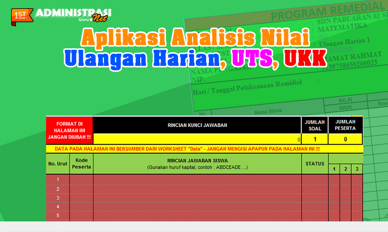 Aplikasi Analisis Nilai Ulangan Harian UTS dan UKK SD Semua Mata Pelajaran Wajib dilengkapi Program Remedial Format Excel Aplikasi Analisis Nilai Ulangan Harian UTS dan UKK SD Semua Mata Pelajaran Wajib dilengkapi Program Remedial Format Excel
