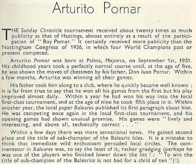 Nota sobre Arturito Pomar en el libro del Torneo de Ajedrez de Londres 1946 (1)