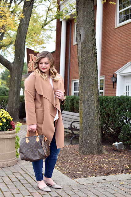 shein wrap coat camel coat jcrew toothpick denim white lush top louis vuitton speedy 30 tiny bar necklace sole society dorsay flats neutral fall outfit of the day winter clothing jacket4.png