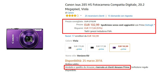 Super offerta per utenti Amazon Prime: fotocamera Canon Ixus 285 HS, Video Full HD, Zoom Ottico 12x a 102 euro