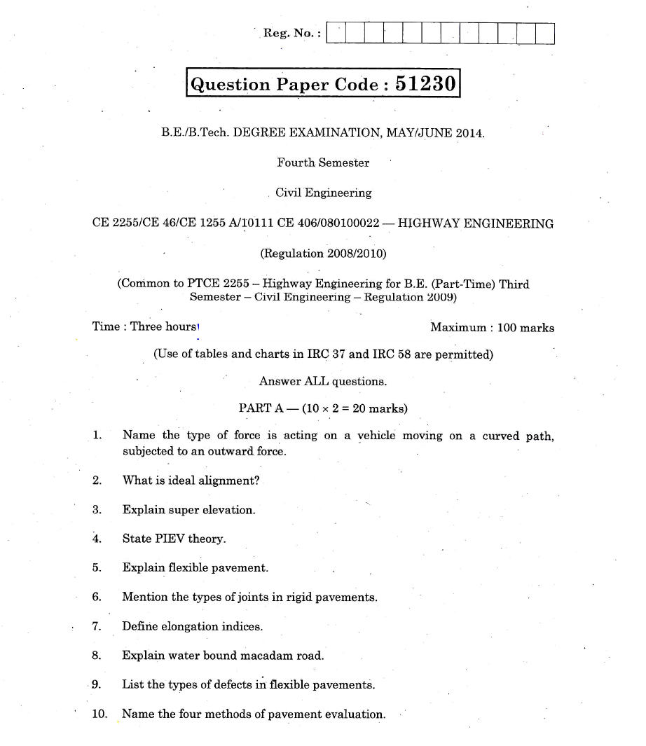 CE2255 Highway Engineering May June 2014 Question Paper University