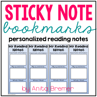 Sticky Note Bookmarks- reusable bookmarks where students use sticky notes to record their thinking!
