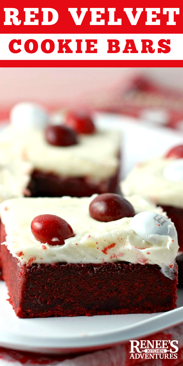 Red Velvet Cookie Bars | Renee's Kitchen Adventures: Brownie-like bars topped with cream cheese frosting and topped with M&M's®