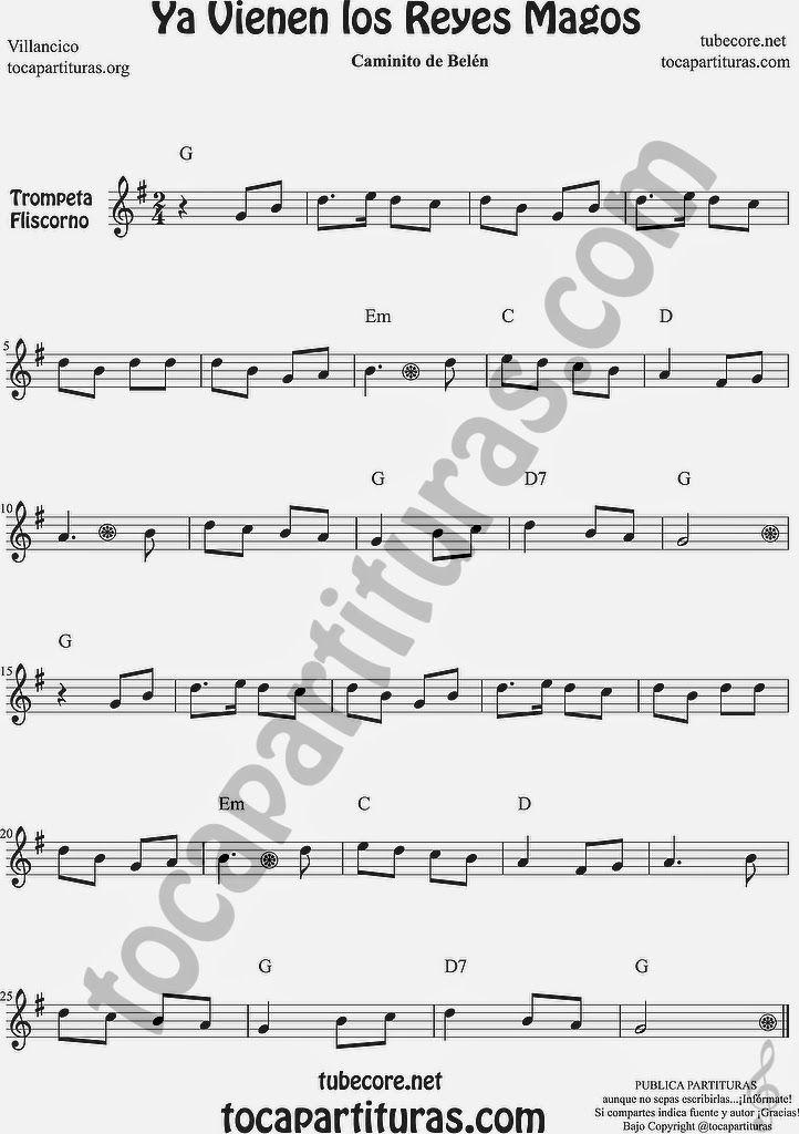  Ya vienen los Reyes Magos Partitura de Trompeta y Fliscorno Sheet Music for Trumpet and Flugelhorn Music Scores