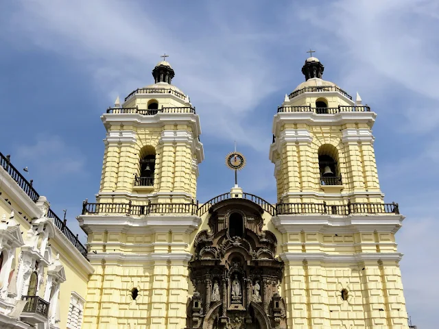 Colonial-style yellow church in central Lima.
