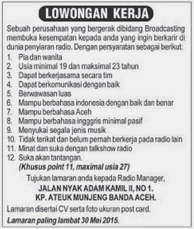 Lowongan Kerja Broadcasting Karir Aceh
