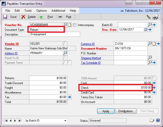 How to Record a Refund from a Vendor in Dynamics GP
