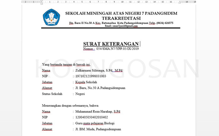 Contoh Surat Keterangan Pernah Mengajar Guru Format Doc