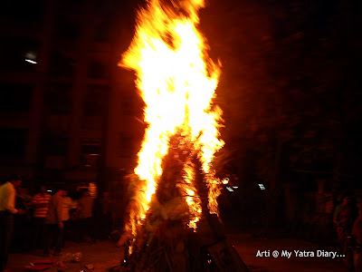 Holika Dahan Bonfire completely lit up on the festival of Holi