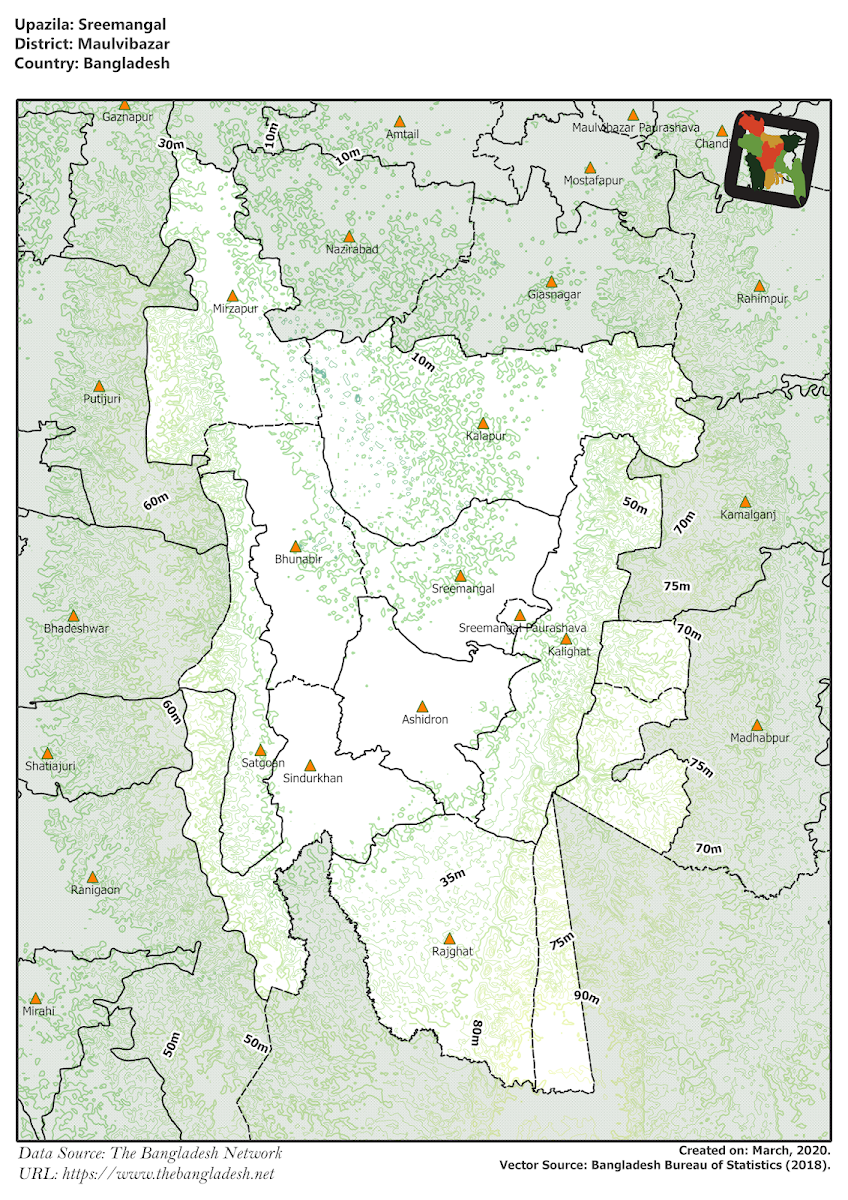 Sreemangal Upazila Elevation Map Moulvibazar District Bangladesh