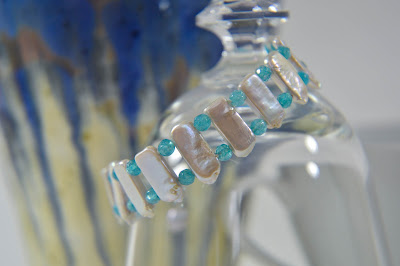 silver biwa bar pearl cuff bracelet with blue turquoise agate