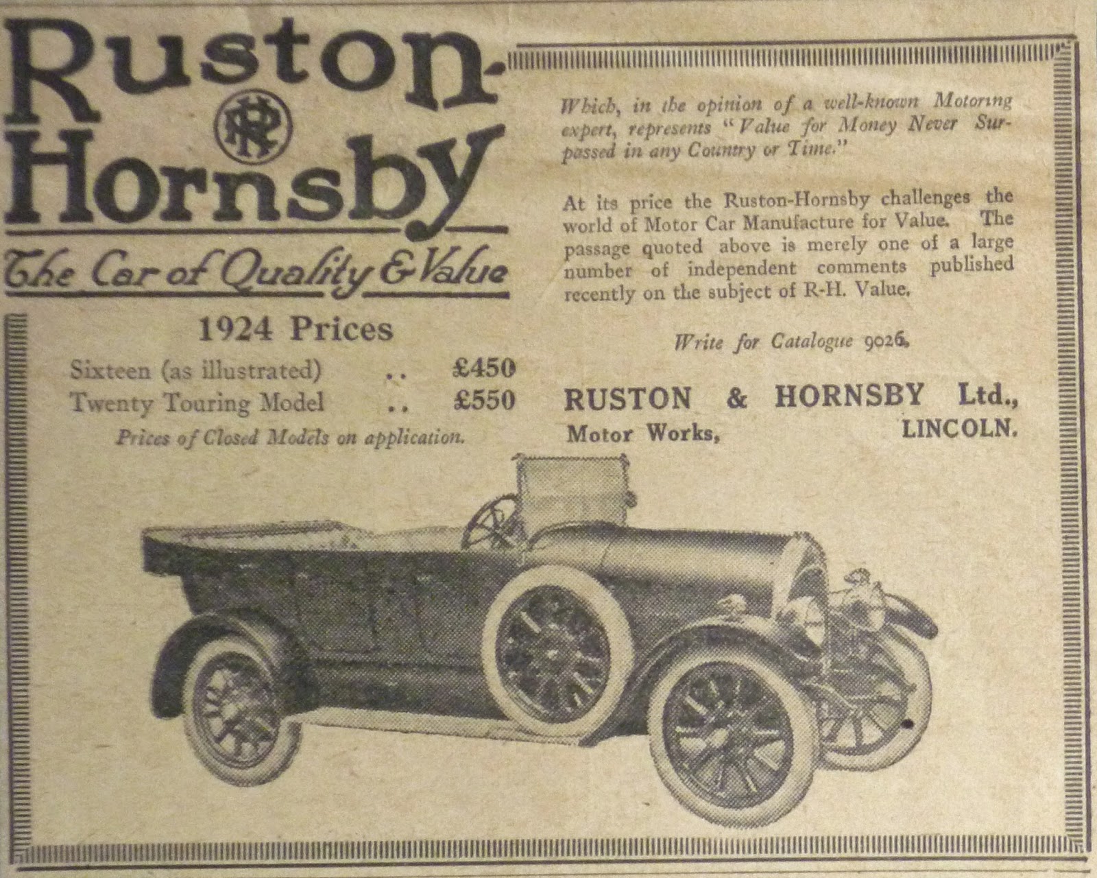Hold The Front Page Advert Ruston Hornsby car (1924)
