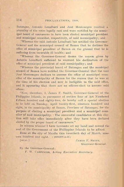 1908 proclamation to select replacement councilor, English version continued.
