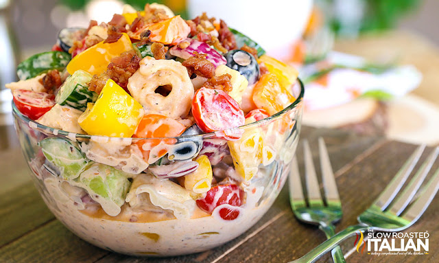 Bacon Ranch Pasta Salad Bacon Ranch Tortellini Salad in a bowl