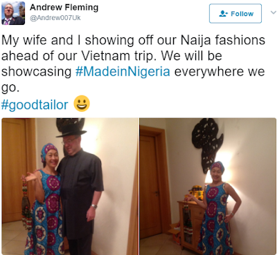 Photos: UK diplomat in Nigeria, Andrew Fleming and his wife to rock made in Nigeria clothes as they travel to Vietnam