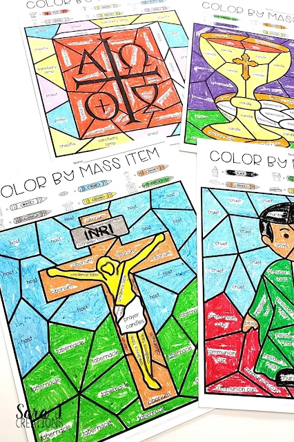 Catholic Color by Mass Item Coloring Pages - the fun and engaging way to teach your students about the items we use during Mass. Because there are five versions included, this is perfect for little ones, young children and older children as well. Perfect for your Catholic school, religious education, or Sunday school classroom. Help your students identify the items they see in church with these awesome coloring pages. Click to try out a FREE SAMPLE!