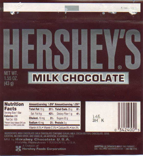 Hershey cholate bar nutrition label: Even sweet treats come with sodium info.