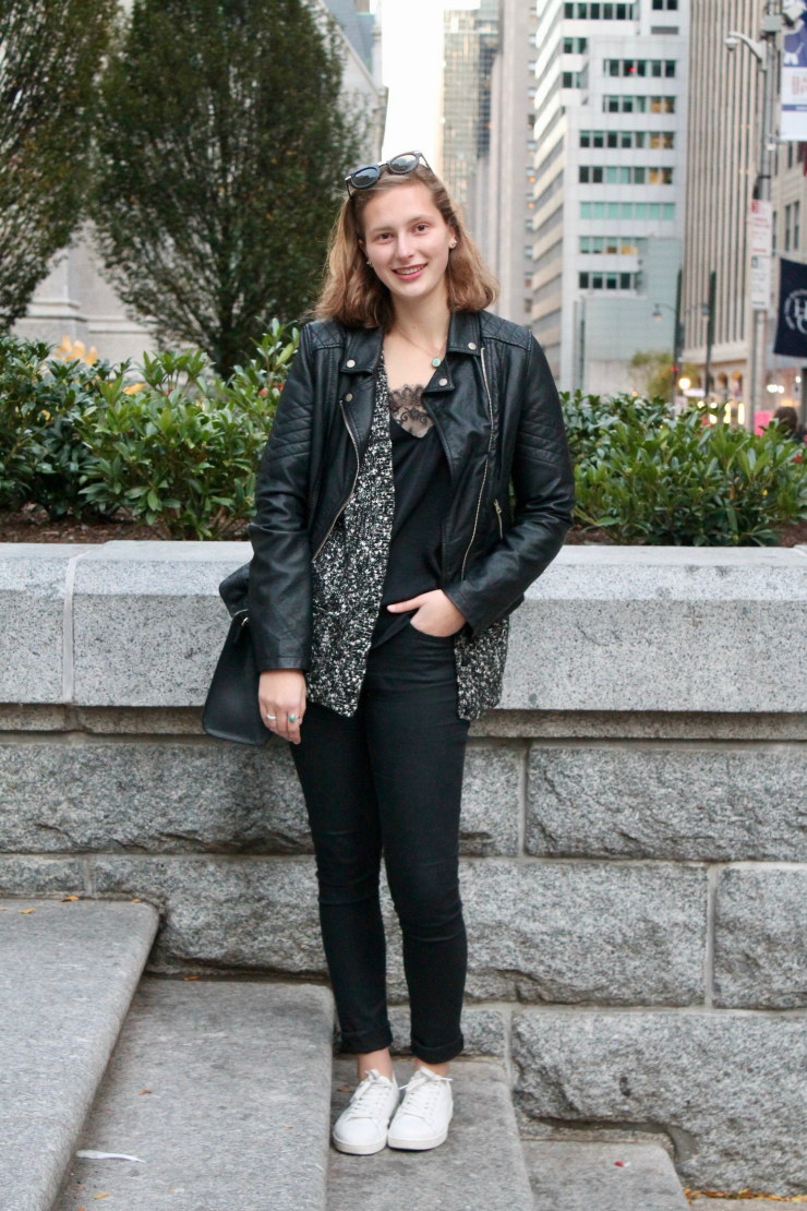 NYC ootd, all black motto jacket, black skinny jeans, lingerie top and black bag + white trainers