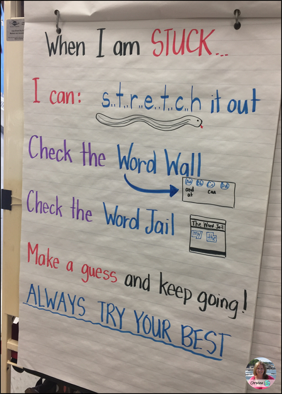 primary writing anchor chart to prompt students with choices for when they get stuck on a word they are trying to spell.
