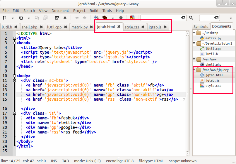 Tampilan naskah kode HTML di Geany IDE (Linux) Tampilan naskah kode HTML di Geany IDE (Linux)