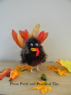 A picture of the craft turkey made from styrofoam, feathers and toothpicks