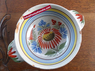 french old malicorne pottery fleuri royal lug bowl faience fleuri royal lug bowl. Floral design from artistic pottery of Malicorne located in France