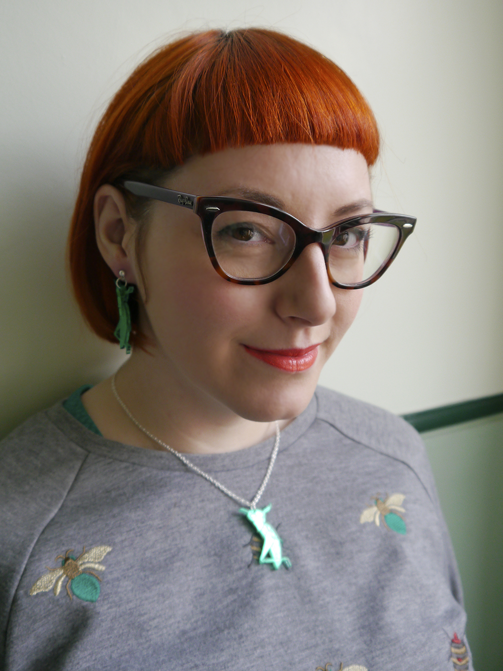 styled by helen, scottish blogger, dundee blogger, red head, ginger blogger, cat eye glasses, H&M bug jumper, green H&M dress, brown Zara boots, Sugar & Vice, Sugar and Vice grasshopper jewellery, grasshopper necklace, grasshopper earrings