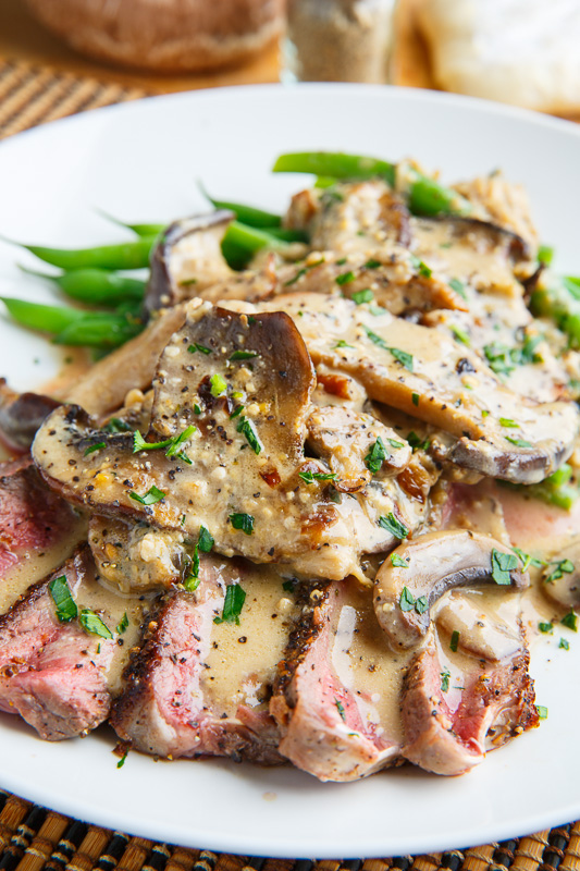 Mushroom and Peppercorn Crusted Steak in a Creamy Brie Mushroom Sauce Mushroom and Peppercorn Crusted Steak in a Creamy Brie Mushroom Sauce