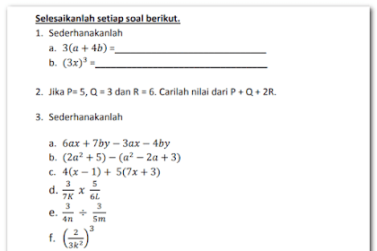 Soal Ulangan Aljabar Kelas 7 Smp