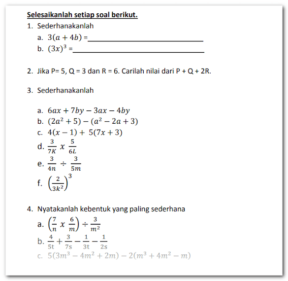 Soal Ulangan Aljabar Kelas 7 Smp
