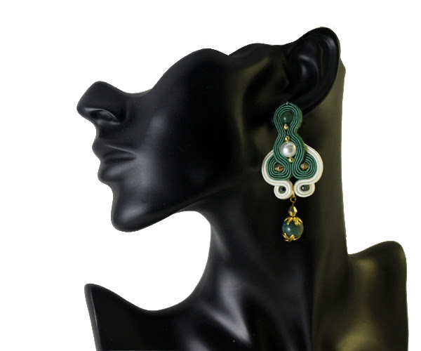 soutache earrings, handmade earrings, jewelry, handcrafted jewellery, green, cream, perals, leda, inspired by greek mithology, 