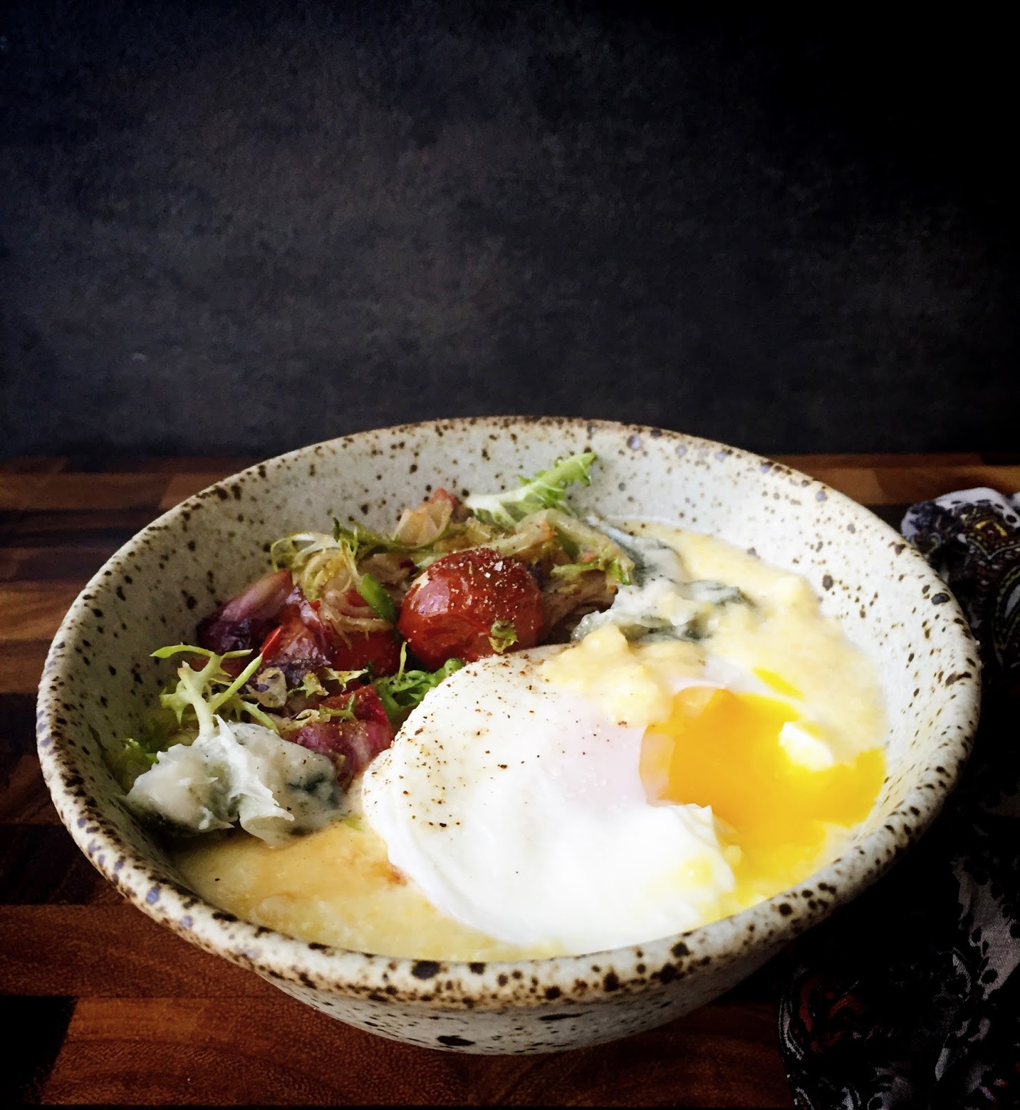 Polenta with Winter Salad, Poached Egg, and Blue Cheese