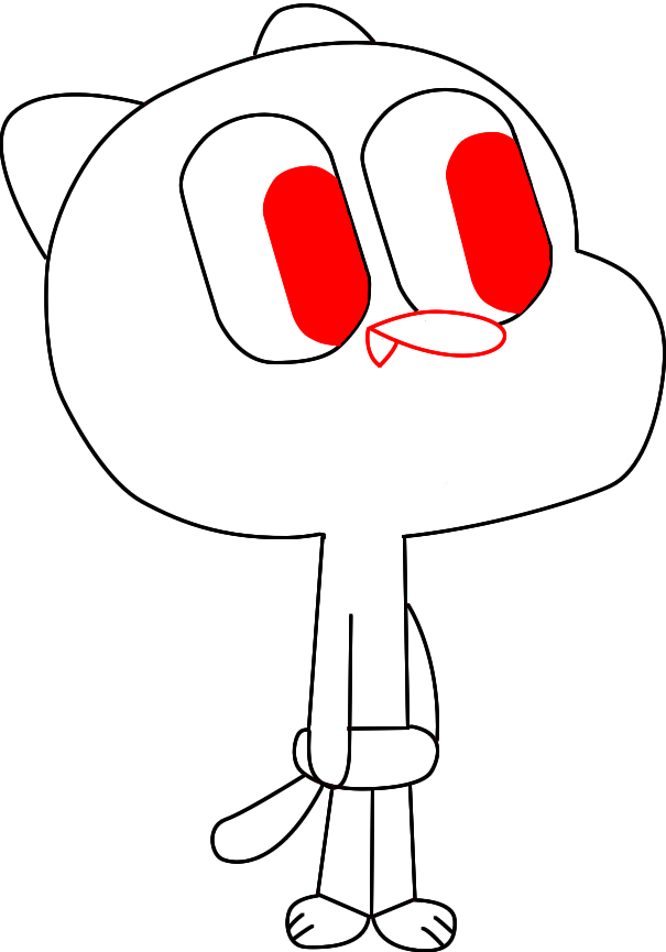 Next, draw a very large, black pupil in each of Gumball’s eyes. 