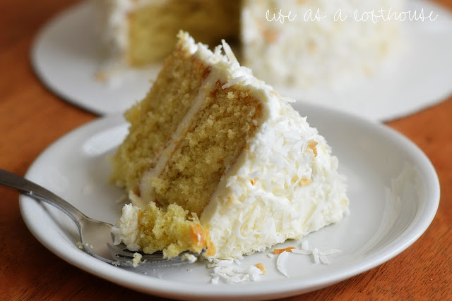 This Coconut Cream Cake with Cream Cheese Frosting is a delicious, moist cake with two cake layers covered in a silky smooth frosting. Life-in-the-Lofthouse.com