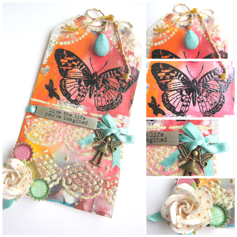 tag de marzo Celebrating Springtime collage con detalles de flor, mariposa y lazo