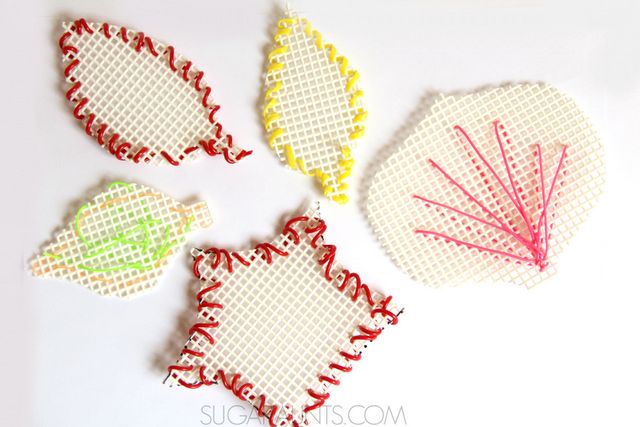 Fall Leaf Art for second grade (or any age!). Kids can create this fine motor fall leaf craft and work on many skills like math, patterns, symmetry, homemaking/life skills, and more.