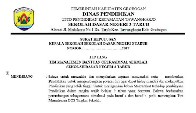 Download Format Contoh SK TIM Pengelola Dana BOS GURU