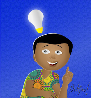 Boy wide-eyed with finger raised. Lightbulb floating above his head.