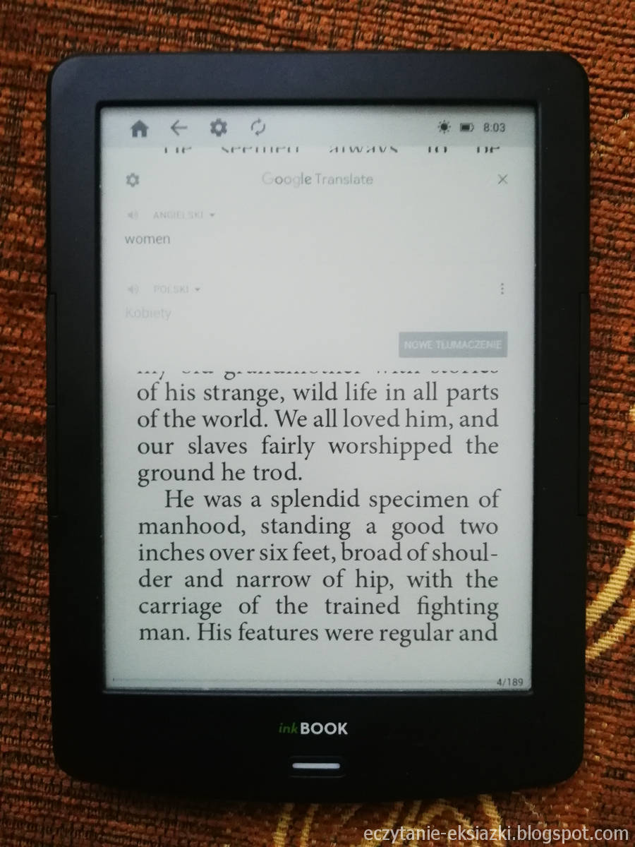 inkBOOK LUMOS - Okno aplikacji Google Translate z tłumaczeniem