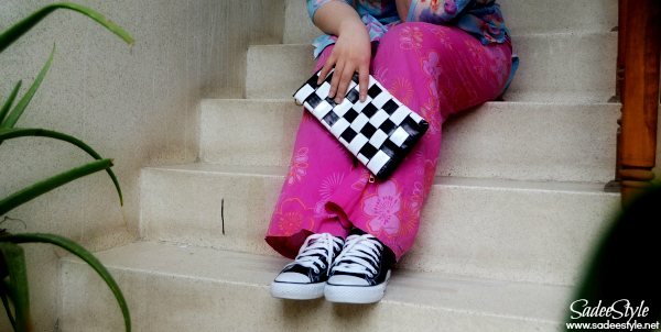 Black and White Check Woven Clutche & Black Canvas Trainers with Lace-up