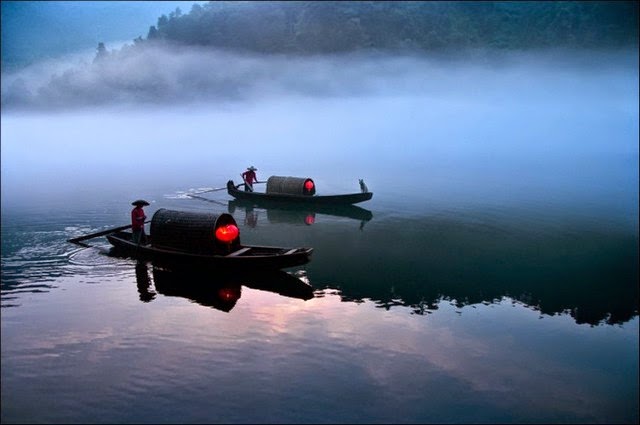 Crossing the river early in the morning in China