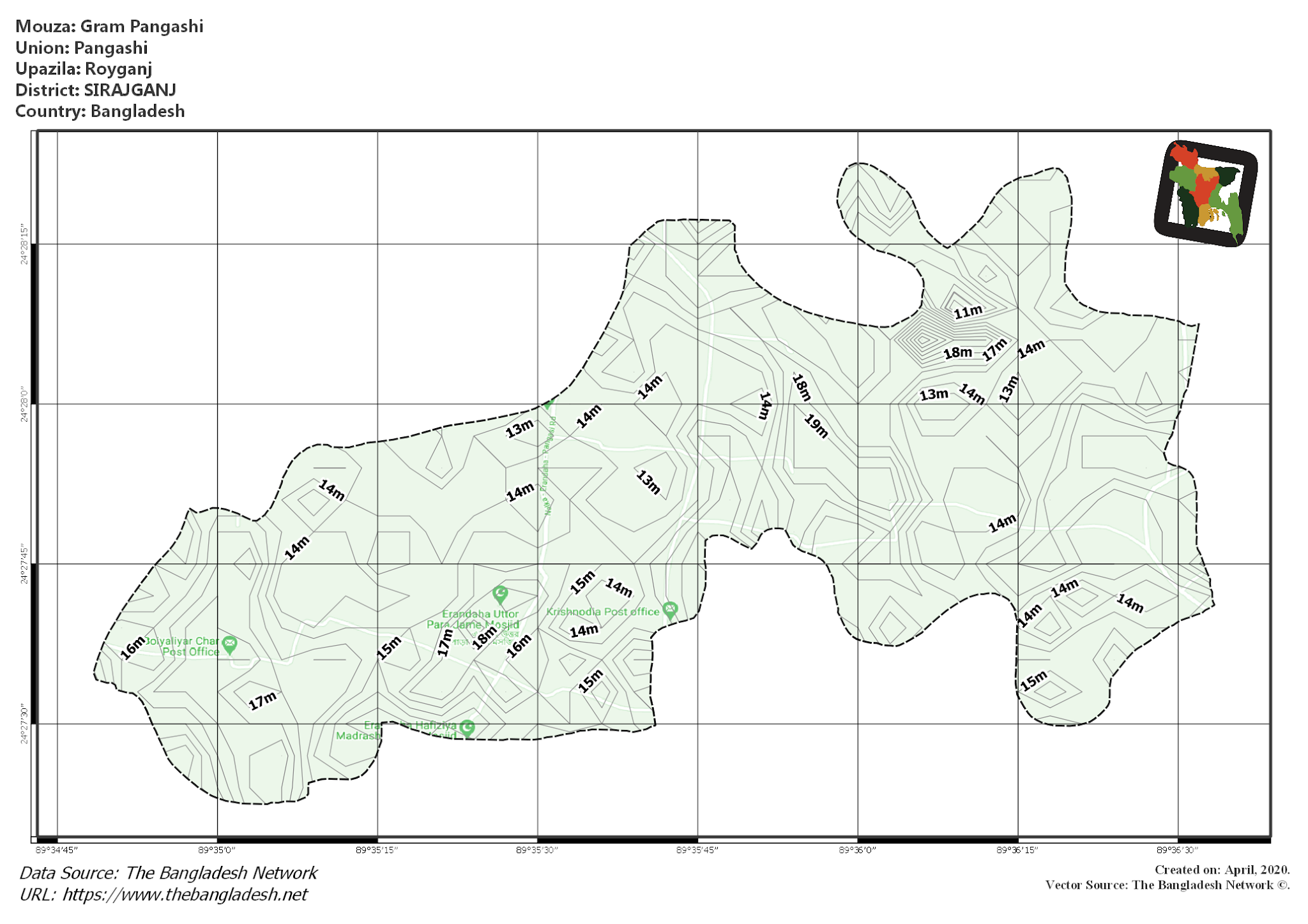 Map of Gram Pangashi Mouza of Royganj Upazila, SIRAJGANJ, Bangladesh.