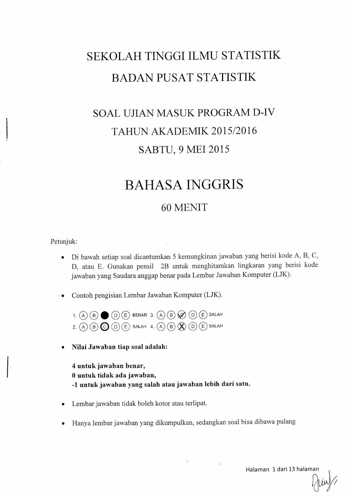 Soal Ujian Masuk Sekolah Kedinasan STIS 2015 Bahasa