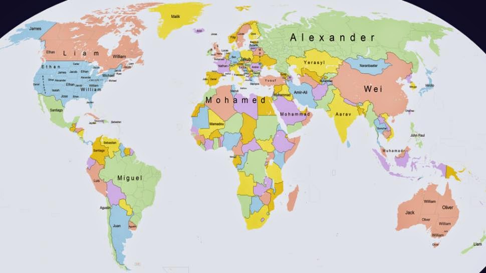 mapa con los nombres más populares de cada país
